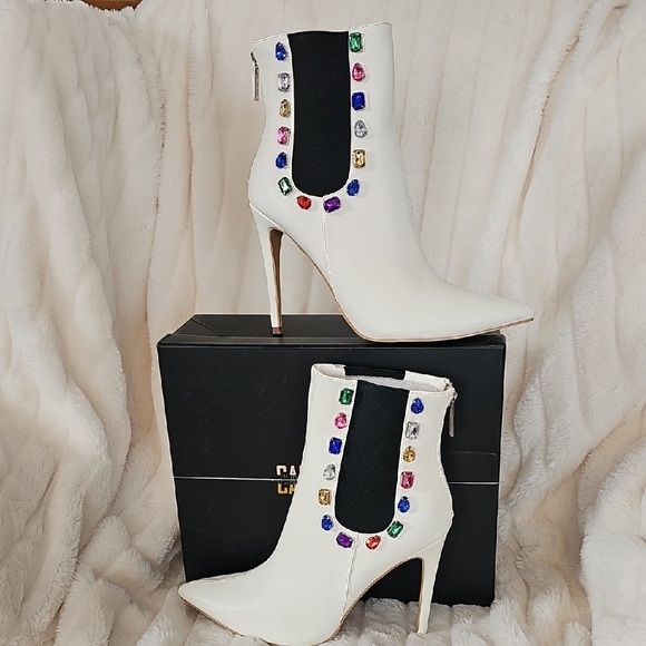 Cape Robbin Shoes - Cape Robbin White Heeled Boots with Colorful Gem Accents